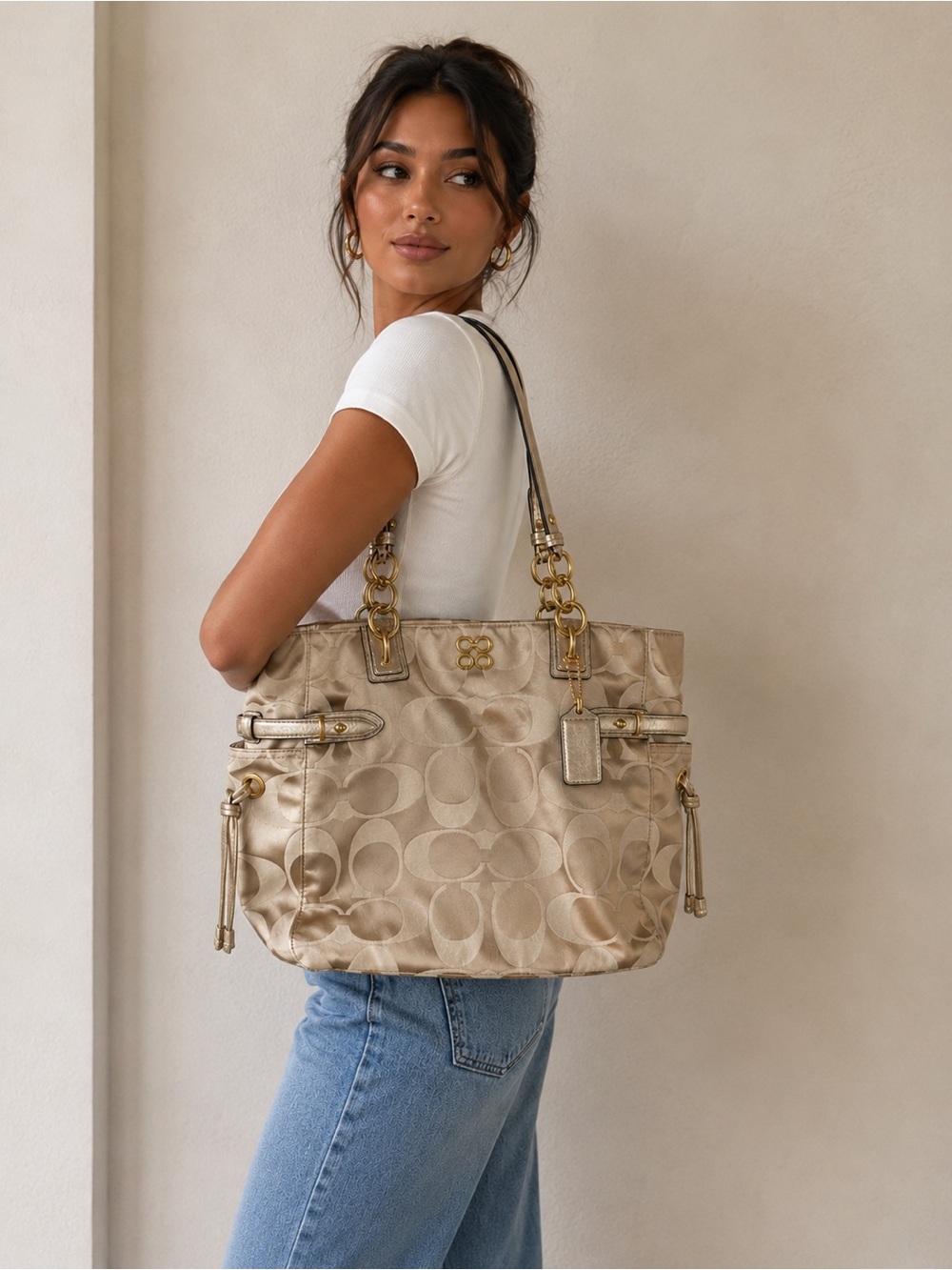 Coach | Y2K Signature Colette tote metallic gold leather trim